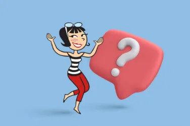 Notre masquotte Liz, présente une bulle dans laquelle est inscrit un point d'interrogation.