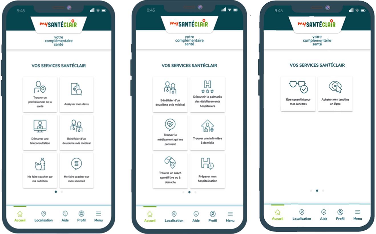 captures écran de l'application MySantéclair